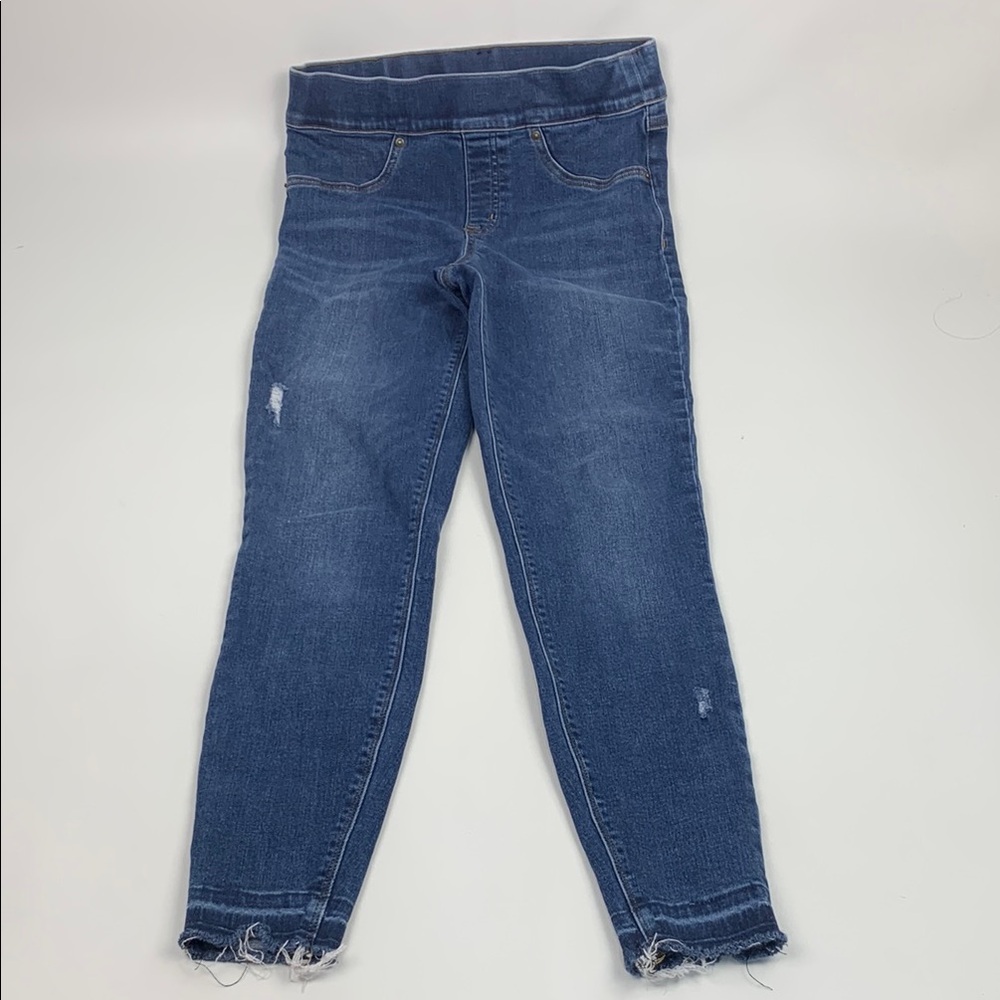 Spanx Blue Distressed Skinny Denim Jeans ankle crop Raw hem Stretchy Size Small